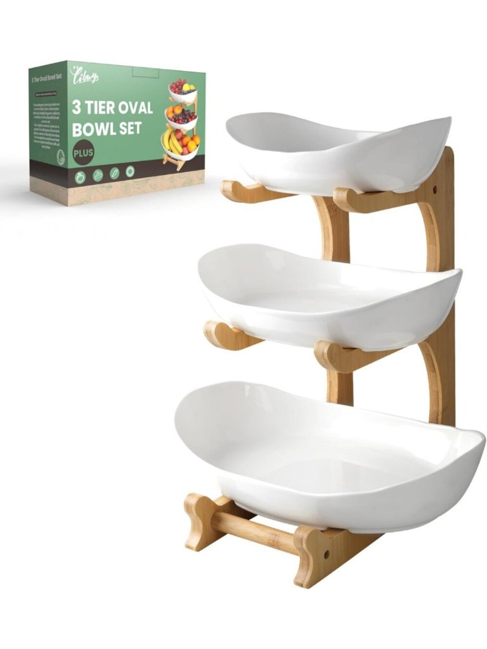 3-Tier Ceramic Fruit Bowl with Bamboo Stand - Large Tiered Storage for Kitchen